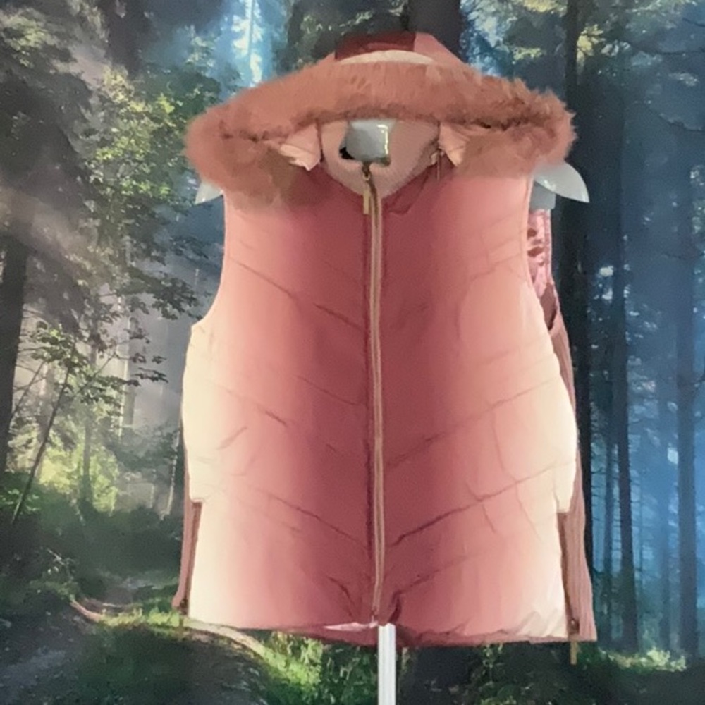 Maurices Pink and Brown Quilted Puffer Vest with Fur-Trimmed Hood